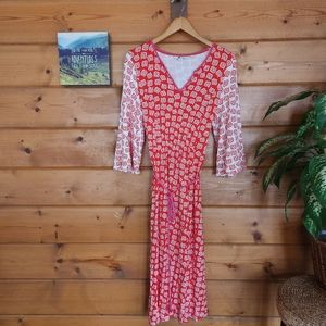 Boden 💜 Bella J0340 Jersey Midi Dress Boho Batik Stretch Belt 3/4 Flare‎ Red 6